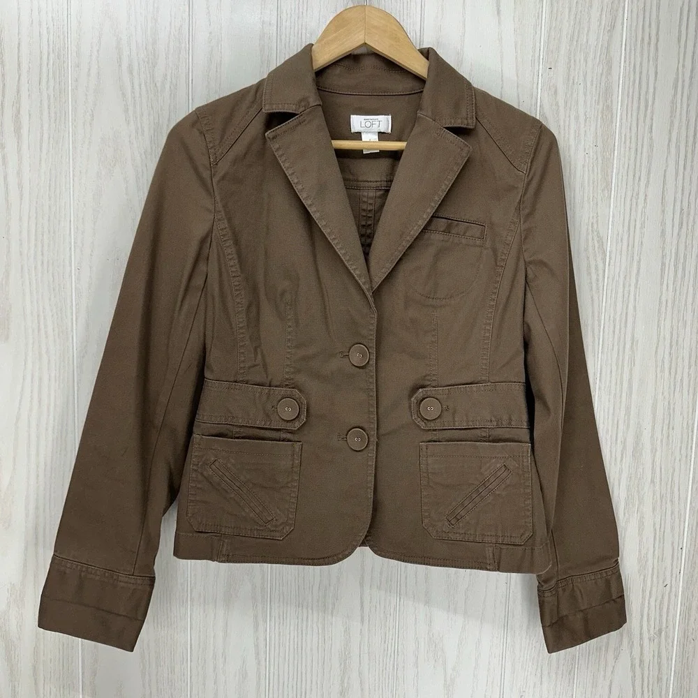 Ann Taylor Loft Jacket Womens 6 Brown Button Front Long Sleeve Collar Pockets